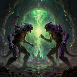 two lovecraftian monsters fighting on alien planet, ornate and intricate, glowing nether portal, dim painterly lighting volumetric aquatics, jaw droping by anton fadeev, by rhads, by francis bacon, 4 k, detailed, subsurface scattering, green - purple - yellow lighting