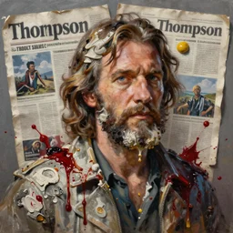 hyperrealistic, photorealistic, mixed media oil painting of hunter s. thompson, magazine scraps, plaster, blood, oil, mustard, splatter, greg rutkowski, basquiat, ralph steadman,