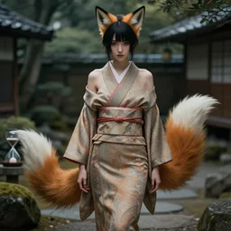 a beautiful matte painting of a tied up kimono girl with fox ears and tail, in japanese garden, hourglass slim figure, au naturel, intricate complexity, concept art, by takato yamamoto, wlop, krenz cushart. cinematic dramatic atmosphere, sharp focus