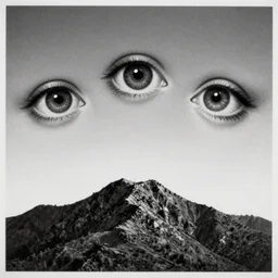 a drawing of three realistic eyes floating over a mountain, black and white, vintage poster, film grain