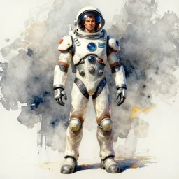 male, full body!!!!!!, space suit with a modern helmet, large shoulders, short torso, long thin legs, tiny feet, character sheet, science fiction, very stylized character design, hyperdetailed, watercolor digital painting, by mike mignola, by alex maleev, jean giraud, painted by leyendecker