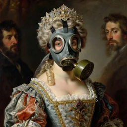 neoclassical portrait of a princess wearing a royal extravagant gas mask in her temple, by jacques - louis david, by greg rutkowski, by zdzisław beksinski, by josep tapiro baro, by caravaggio, trending on artstation, featured on pixiv, masterpiece, oil on canvas, cinematic composition, dynamic beautiful lighting,