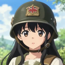 Cute young girl in anime style with black hair and a British second  world war army helmet in the style of Shōjo Shūmatsu Ryokō (girl's last tour) Tsukumizu, pixiv, pinterest anime, art by Steve Hanks, art by Alyssa Monks, endless summer art, realistic, wide focus, 8k ultra, insanely detailed, intricate, elegant, art by Laurie Lipton, digital art by James Clyne, art by Steve Hanks