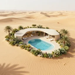 architectural rendering of habitat 6 7 in the desert, biophilia style, pool, garden