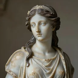 an ancient greek sculpture art of a very beautiful 1 9 0 0 s goddess of battles, oaths, and sorrow, marble, long dark brown hair, head shot, hyper realistic, tan skin, silver eyes, 4 k, rule of thirds, extreme detail, detailed drawing, trending artstation, hd, fantasy, d & d, realistic lighting, sharp focus, backlit, elegant.