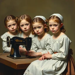 five little girls sitting at a sewing machine, fine art, oil paint, muted olive background, highly detailed, close up face, paiting by jan vermeer in the style of de kantwerkster