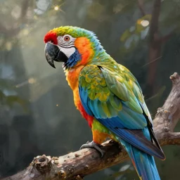 fine art painting of a colorful parrot by zhang yin and antonio saura lens flare and filmic
