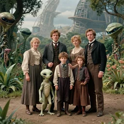 highly detailed, 435456k film, 1612800mm film still from a sci fi blockbuster color movie made in 2019, set in 1860, of a human family standing with a cute humanoid alien, next to some alien plants, in a park on an alien planet, the family are all wearing 1860s era clothes, good lighting, good photography, ultra high definition