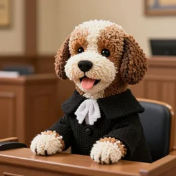 a closeup photorealistic photograph of a smiling knitted bernedoodle judge dog dressed in a black gown, presiding over the courthouse. well lit shot. this 4 k hd image is trending on artstation, featured on behance, well - rendered, extra crisp, features intricate detail, epic composition and the style of unreal engine.