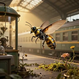 a mechanical hummingbird in a old train station. golden hour. matte painting. steampunk. cyberpunk. laboratory. flowers. vines. weeds. moss. rembrandt. jeff koonz