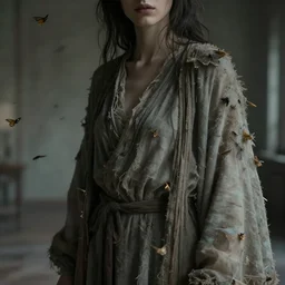 close - up of a woman in tattered robes, in a cloud of moths. in a liminal room. dramatic. cinematic. concept art. 4 k, ultra - high - definition