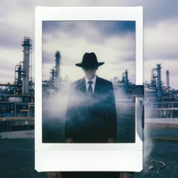 mysterious man in suit and hat shrouded in smoke, in a big industrial city metropoli with a cloudy sky, polaroid artistic photo
