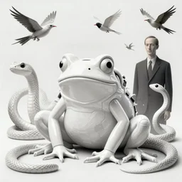 a white cyberpunk frogs, snakes, birds, in the style of beksinski, by rene magritte, intricate and epic composition, color fields, insanely quality, highly detailed, masterpiece, red light, artstation, 4 k