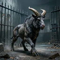 photo of a minotaur patrolling a brutalist prison