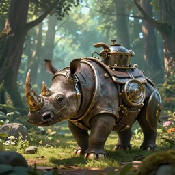 a steampunk rhinoceros machine walking into a glowing forest