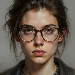 handsome rugged young woman, brown eyes, stubble, glasses, digital painting, extremely detailed, 4k, intricate, brush strokes, Mark Arian, Artgerm, Bastien Lecouffe-Deharme