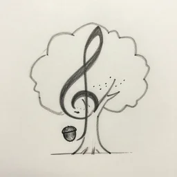 a sketch of an acorn that turns into a tree in the shape of a treble clef with a dotted line in the middle, single line drawing