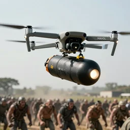 detailed dji mavic carrying a bomb flying over orc troops, photo, kodak portra 4 0 0, direct flash, cinematic lightning, anti aliasing,