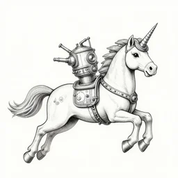 unicorn flying with steam punk apparatus on it's back, clean lines, really clear, crisp detail, fine pen, artstation, Ian Miller