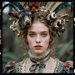 kodak portra 4 0 0, wetplate, photo, surreal, weird fashion, in the nature, highly detailed face, very beautiful model, portrait, close up, expressive eyes, victorian dress, carneval, animal, wtf, photographed by paolo roversi style and julia hetta