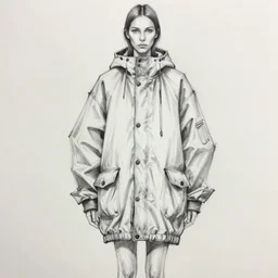 a rough sketch of a woman wearing an anorak designed by balenciaga