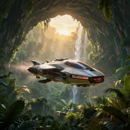 a scifi flying car floating in a prehistoric jungle cave, lush flora, waterfall, sunset, hazy, volumetric lighting, rtx on, photorealistic render, great composition, very detailed