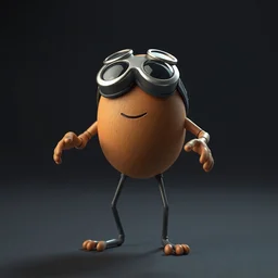 a tiny brown egg with human arms and human legs and wearing goggles, octane render, 4 k, hd
