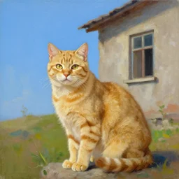 golden cat with a black spot on her trunk, an old house with a window over a hill, blue sky, oil painting