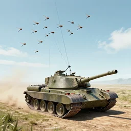 a horde of dragonflies using cables to lift a tank