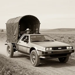 a monochromatic sepia photograph of a delorean in a pioneer caravan on the oregon trail, trending on art station,