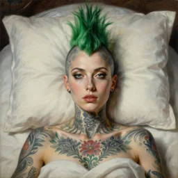 tattoed woman with green mohawk laying in bed, intricate, elegant, highly detailed, oil canvas, symmetrical face, by gustave courbet, trending on artstation