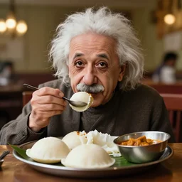 A photo of Albert Einstein eating Idli Sambar, highly detailed, trending on artstation, bokeh, 90mm, f/1.4