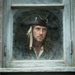 young russell crowe wearing a pirate hat behind a dirty window staring out