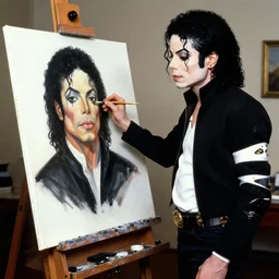 michael jackson, stands at her easel, painting a self portrait