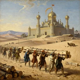this historical 1 7 9 0 s painting depicts a medium full wide shot scene from a fantastical empire that is a mix of middle eastern and scandinavian cultures. the main export of this empire is lumber, and the painting shows a group of workers carrying lumber through a desert landscape.