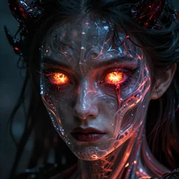 alice, demonic eyes, dark and gloomy, glowing vibrant eyes of fire, translucent neon, anatomical details, cinematic by tsutomu nihei, emil melmoth, gustave dore, craig mullins, yoji shinkaw