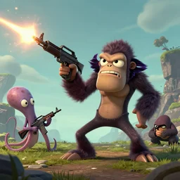 landscape, highly detailed, Gorillaz, Murdoc is being attacked by a squid, Noodle is firing an assault rifle, 2-D is cowering in the background, denoised, sharp