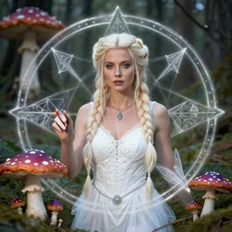 beautiful blonde woman with plaits, forest fae, psychedelic mushrooms, magic, mystical, white witch, photorealistic, sacred geometry