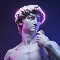The statue of david with a neon ring around the head, in a synthwave, 3d render, octane render, highly detailed, artstation