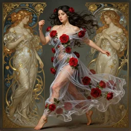 Morena Baccarin dressed in a vaporous wrapped large victorian red roses silk semi-transparent dress fashion is running D&D, fantasy, intricate, elegant, highly detailed, digital painting, artstation, concept art, matte, sharp focus, illustration, art by Artgerm and Greg Rutkowski and Alphonse Mucha
