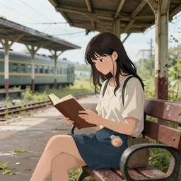 a beautiful girl sitting on a bench reading at an abandoned overgrown train station, old train station, establishing shot, digital anime painting. detailed anime illustration, detailed stylized portrait, details, detailed artwork