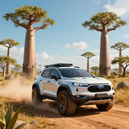 a futuristic offroad suv designed by ford driving through madagascar with baobabs trees, artgerm and greg rutkowski and alphonse mucha, an epic fantasy, volumetric light, detailed, establishing shot, an epic fantasy, trending on art station, octane render, midsommar