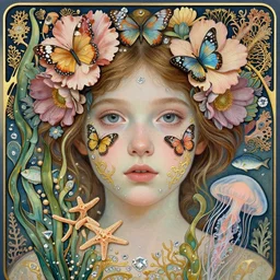 hyperrealistic detailed portrait of a young girl with a glass face, with flowers, butterflies, corals, sea kelp, sea plants, fish, starfish, jellyfish, diamonds, filaments, golden filigree, art by ernst haeckel, john william godward, hammershøi, alphons mucha, ornamental, pastel deep colours