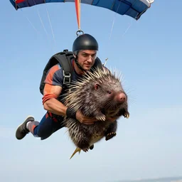parachuting man holding a porcupine