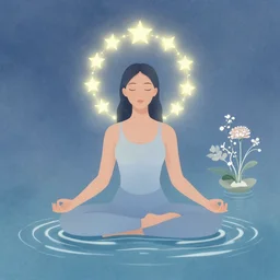a woman meditating above water, with a ring of glowing stars around her head and an ikebana flower arrangement illustration by chiara bautista, milk, logyu, ilka