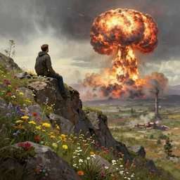 a man sitting on top of a rock covered hillside with flowers watching a nuclear explosion, a detailed matte painting by filip hodas, cgsociety, fantasy art, artstation hq, vfxfriday, dystopian art
