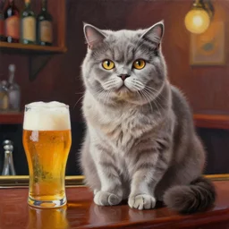 of a british longhair cat sitting at the bar next to a beer, cinematic. intricately detailed acrylic painting