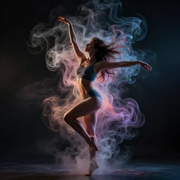mysterious, hyper - realistic representation of a dancing goddess of fitness, made of curling wispy colorful smoke, volumetric lighting, dark background
