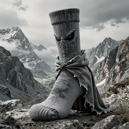 A detailed lonley enormous sock with evil eyes stands among the mountains. Wearing a ripped mantle, robe. Perfect face, colossal scale, extremely high details, realistic, fantasy art, solo, masterpiece, art by Zdzisław Beksiński, Arthur Rackham, Dariusz Zawadzki