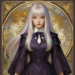 attractive adult female witch student, magic university school dress, bangs hairstyle, light iridescent hair color, illustration, highly detailed, digital painting, concept art, matte, art by wlop and artgerm and greg rutkowski and alphonse mucha